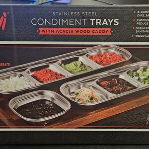 Stainless Steel Condiment Trays with Acacia Wood Caddy